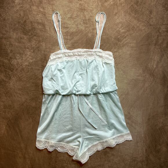 Lorraine Vintage 90s Satin Lace Teddy Lingerie Romper Blue Women's M Romantic - Picture 1 of 8